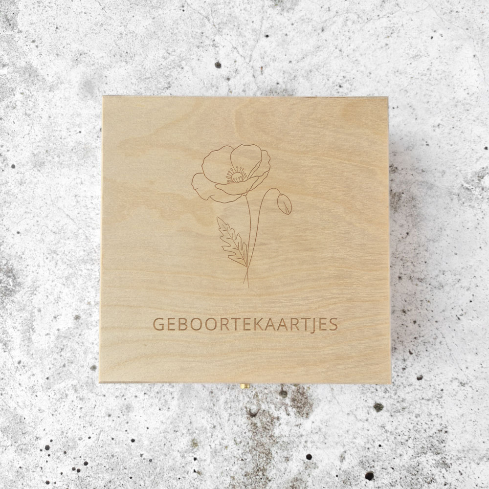 Bewaarkistje - geboortekaartjes - geboortebloem augustus (klaproos)